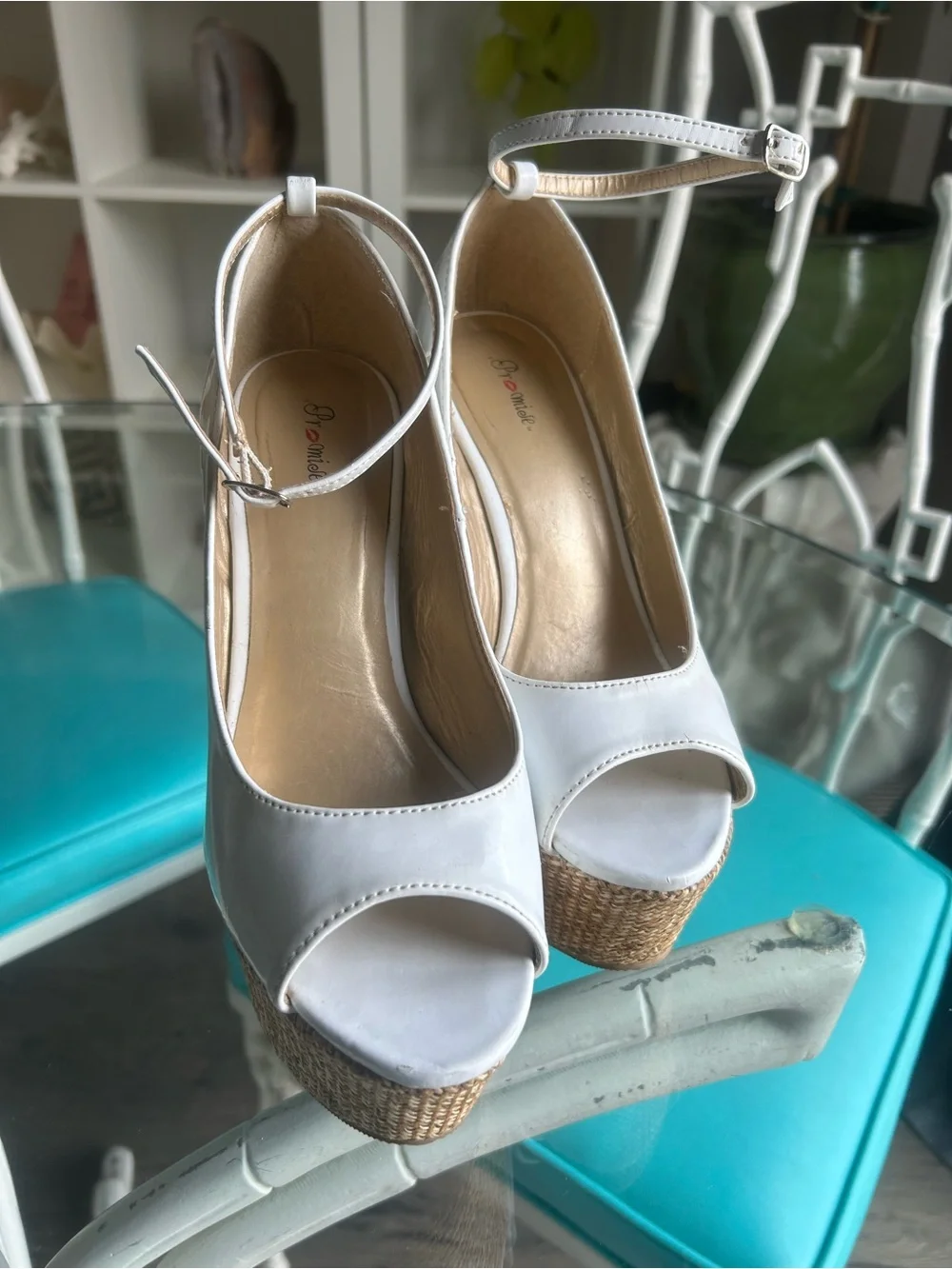 JustFab White Espadrille Wedge Peep-Toe with Ankle Strap